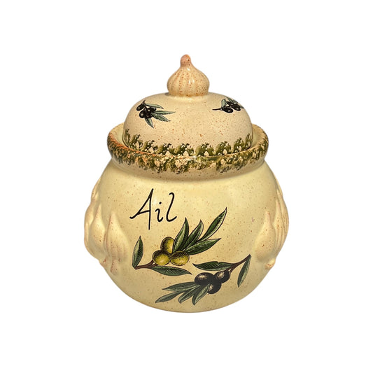 Decorative ceramic jar with olive design and 'Ail' inscription on a white background