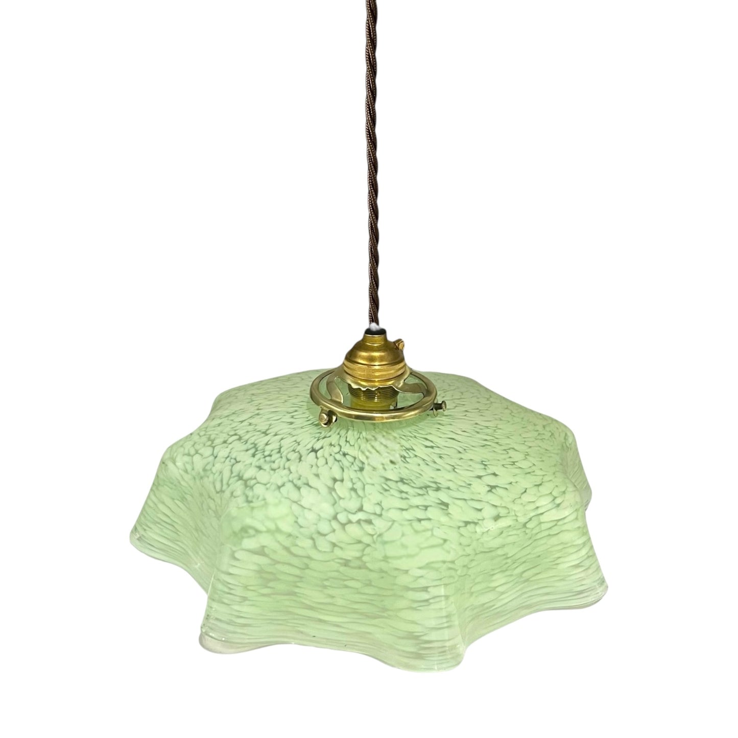 Vintage pendant light with textured green glass shade and brass fitting on a white background for sale rom All Things French Store