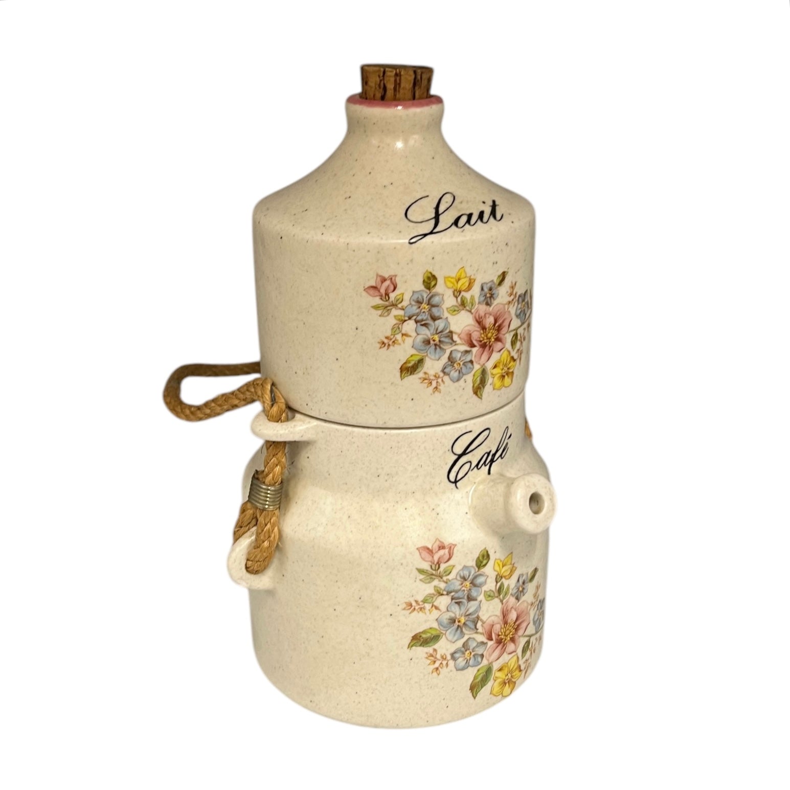 French Vintage Ceramic Coffee Pot and Milk Pot, 2 Piece Set for Cafe & Lait