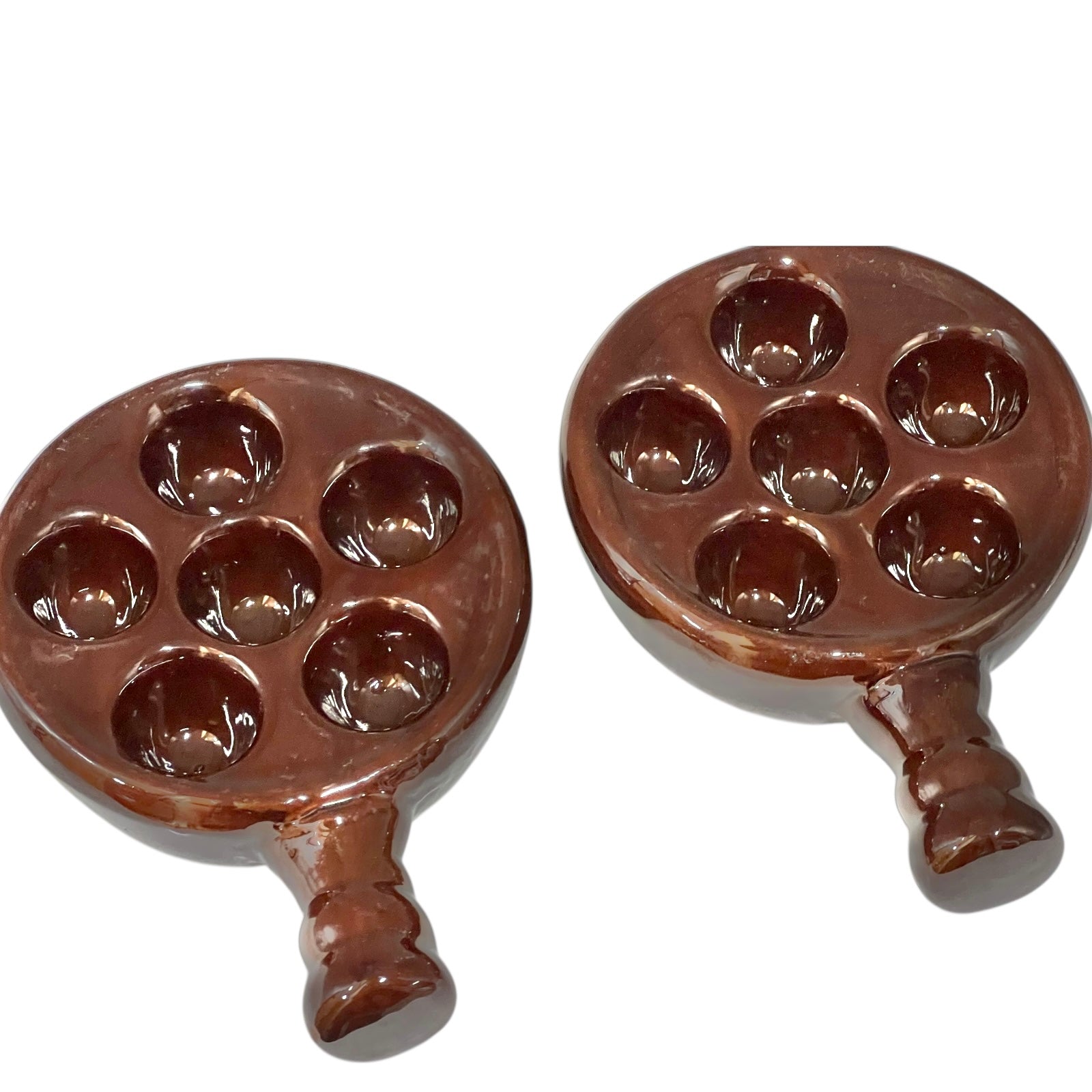 Pair of brown French Vintage Escargots Snail Plates, Stuffed Mushroom Dishes for sale from All Things French Store