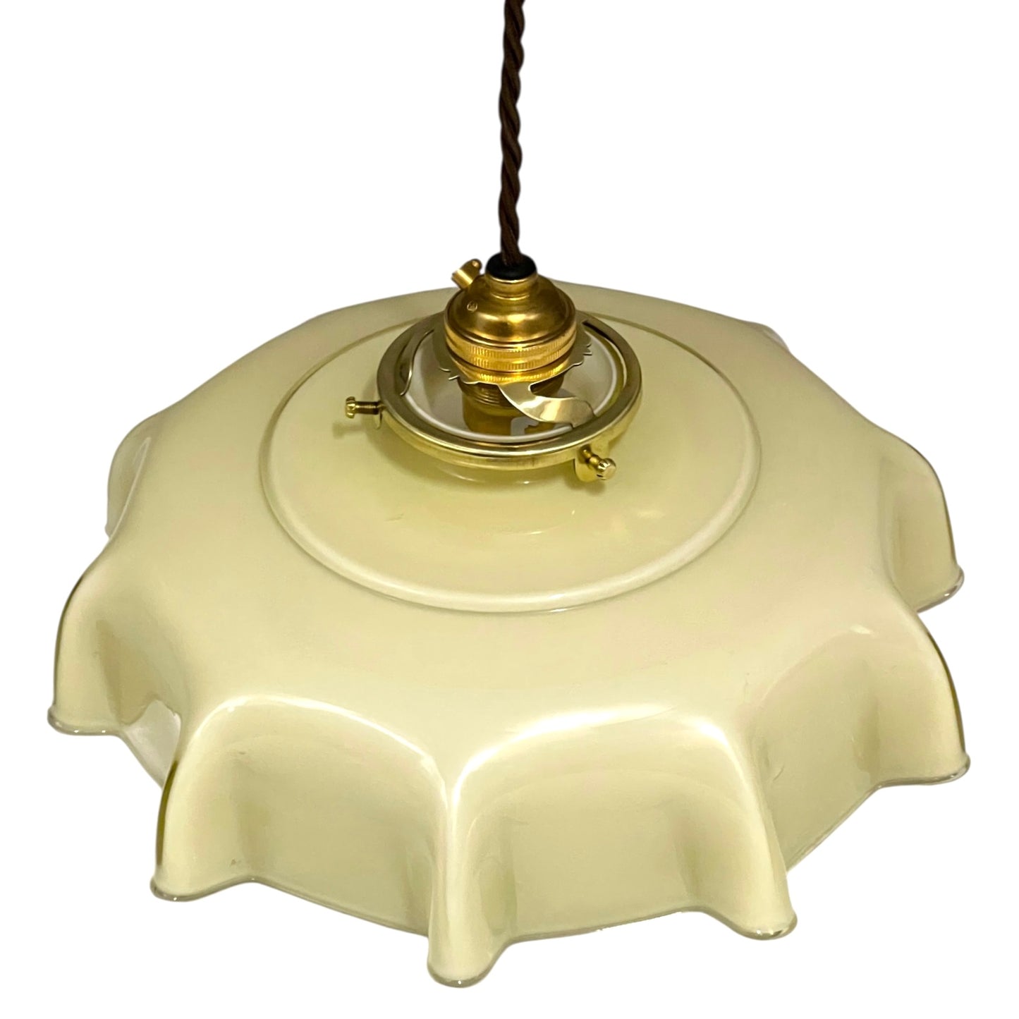 Vintage French milk glass pendant light with scalloped edge shade, brass gallery, and twisted brown fabric cord, rewired for UK use on a white background