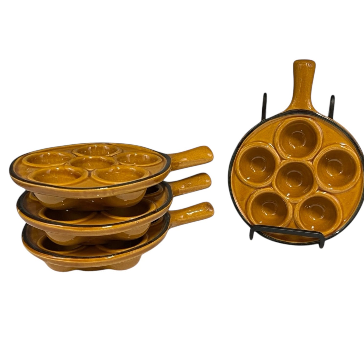 Set of 4 French Rustic Ceramic Escargot Dishes, Vintage Snail Pots Plates
