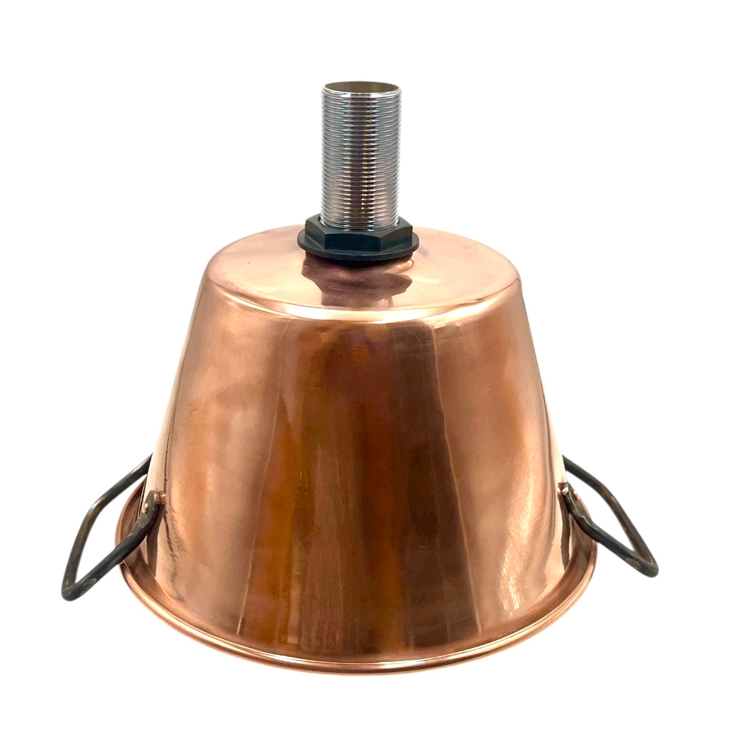 Copper upcycled basin sink or washbowl with a chrome waste and black handles on a white background