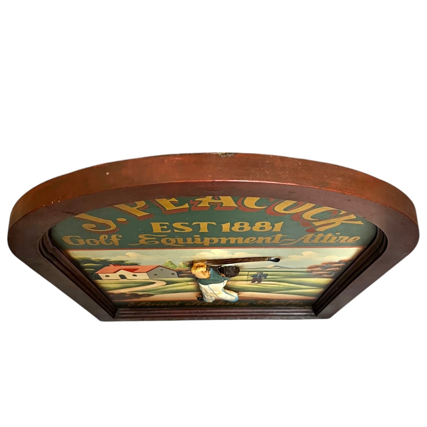 Decorative wooden picture with vintage golf scene on a white background