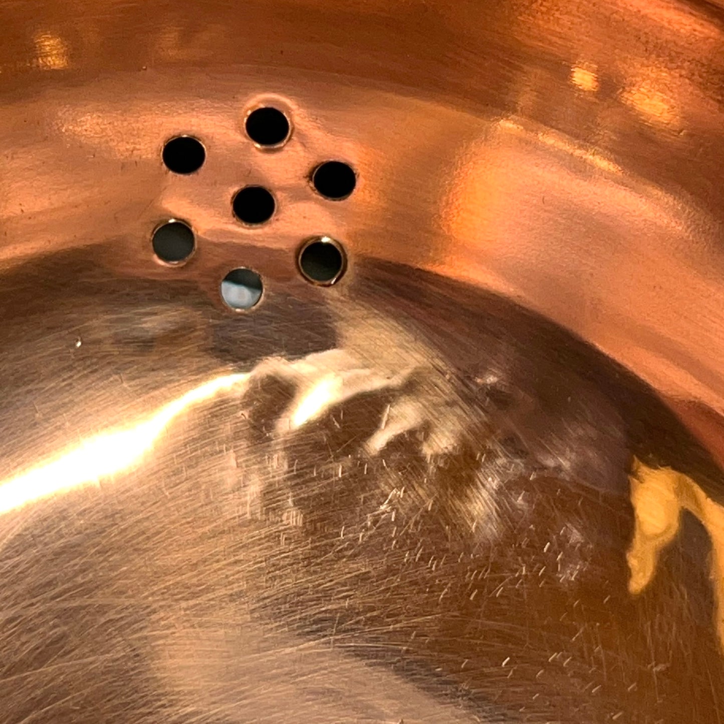 close up detail view of French Copper Sieve with Brass Handles