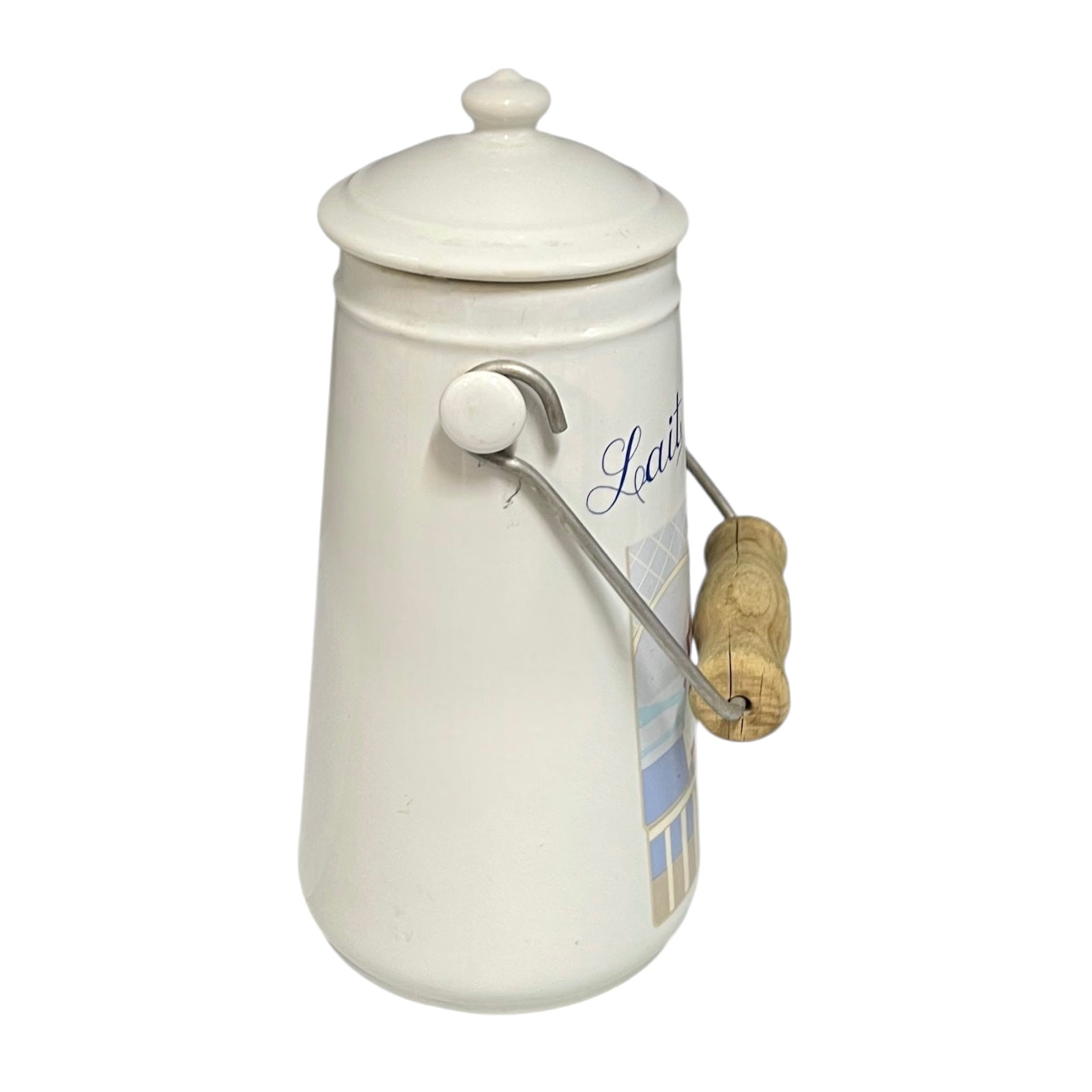 White ceramic churn with a lid and wooden handle on a white background