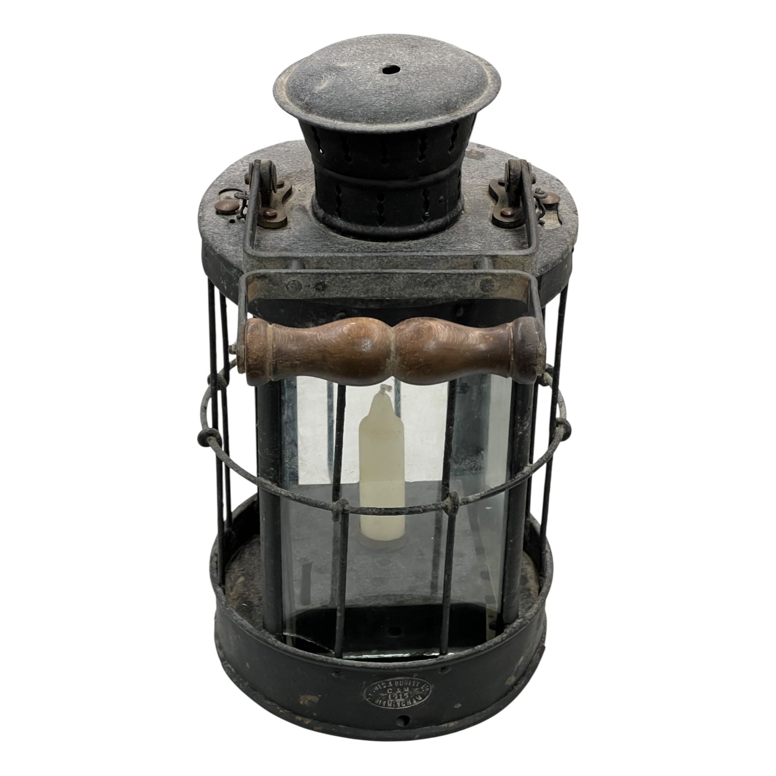 Vintage lantern with a wooden handle on a white background