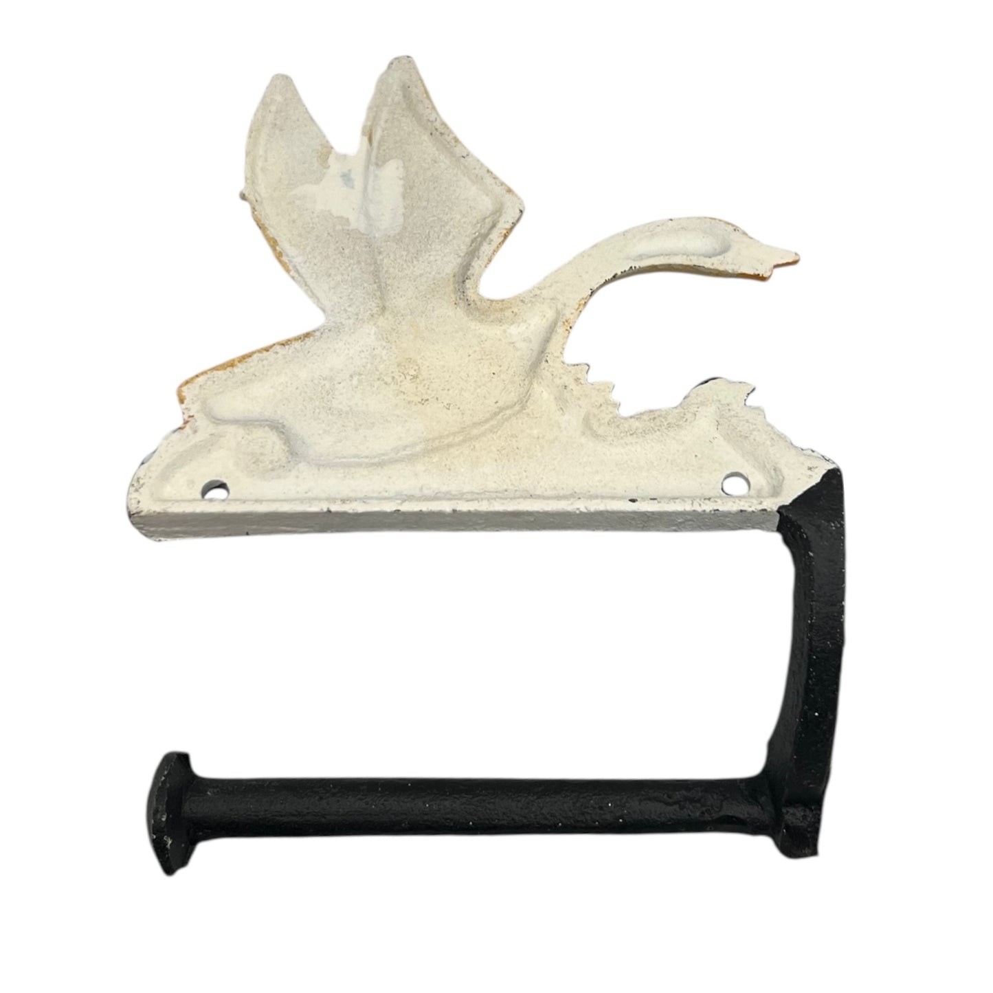 close up of toilet paper holder with a goose design on a white background