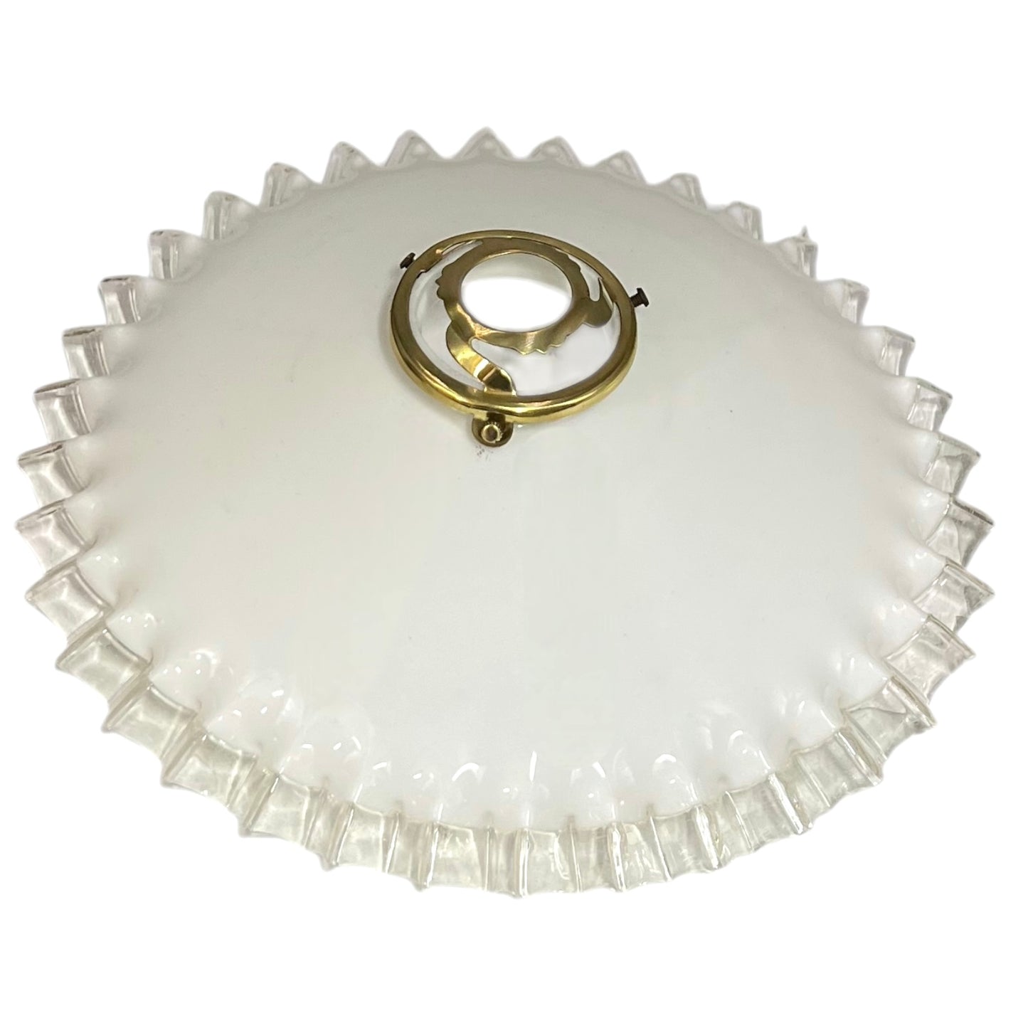 Vintage glass lampshade with ruffled edge and gold fixture on a white background