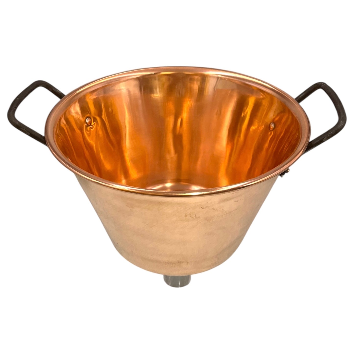 Copper upcycled basin sink or washbowl with a chrome waste and black handles on a white background
