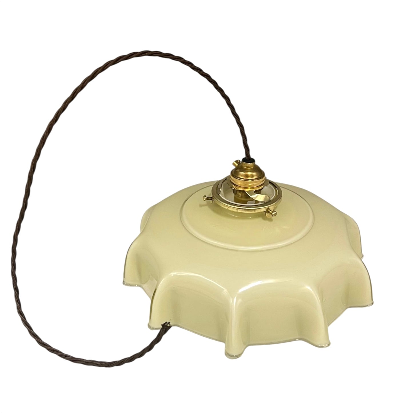 Vintage French milk glass pendant light with scalloped edge shade, brass gallery, and twisted brown fabric cord, rewired for UK use on a white background