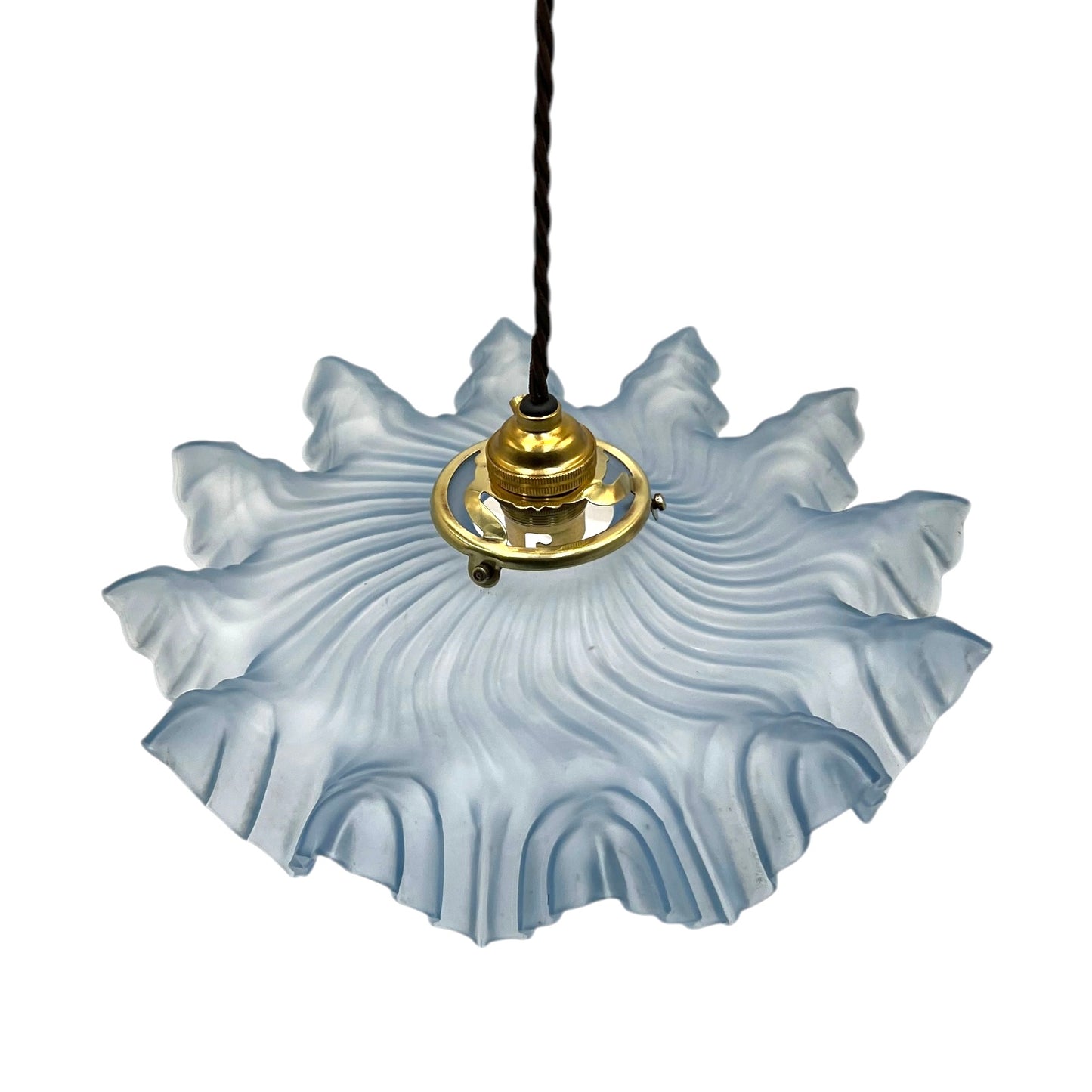 Vintage French Pendant Light, Blue Frosted Glass Hanging Lampshade