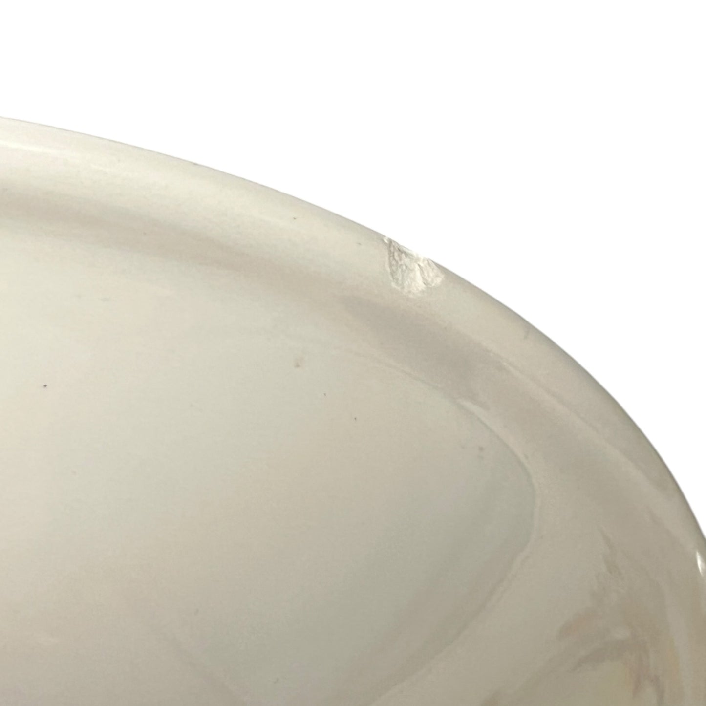 Close-up of a beige ceramic plate with a slight blemish on a white background