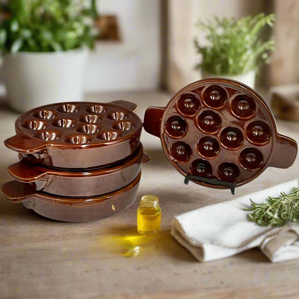 Set of 4 French Rustic Ceramic Escargot Dishes, Vintage Snail Pots Plates
