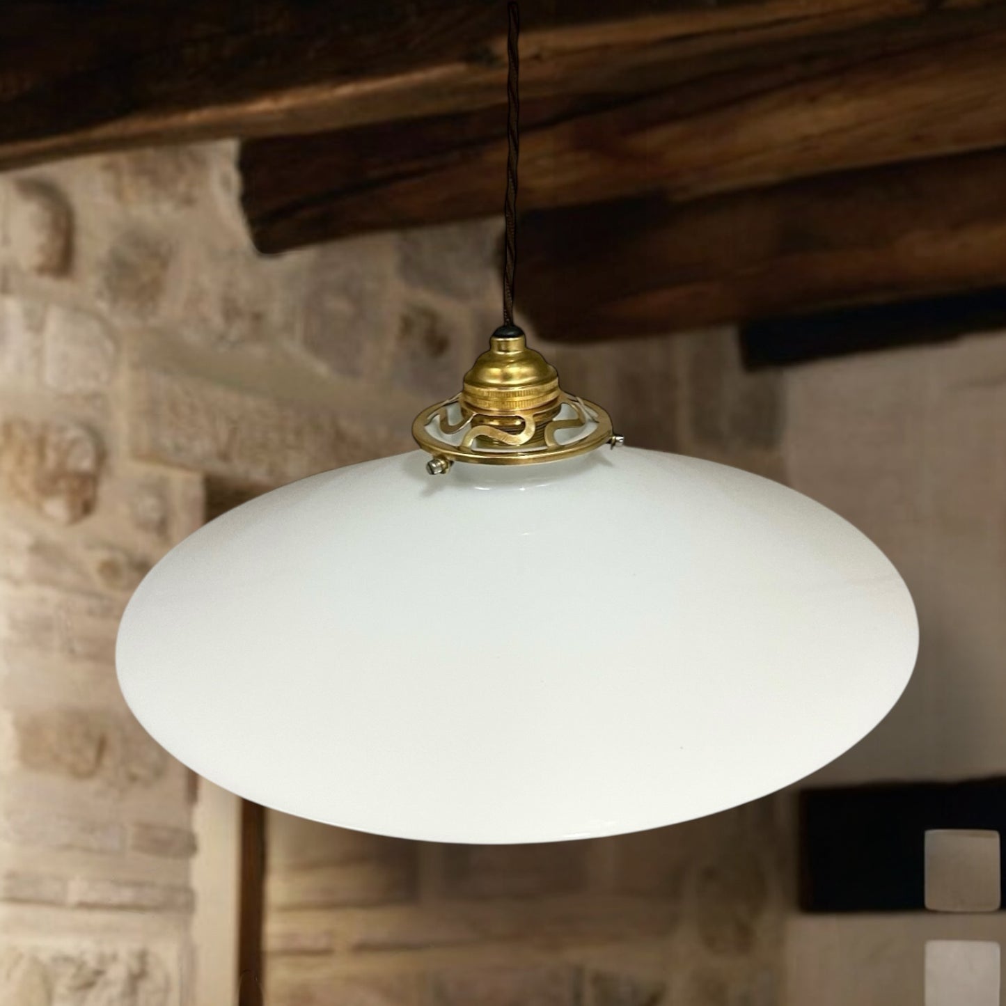 Vintage Milk Glass Ceiling Light for Living Room, French Pendant Lamp for sale from All Things French Store