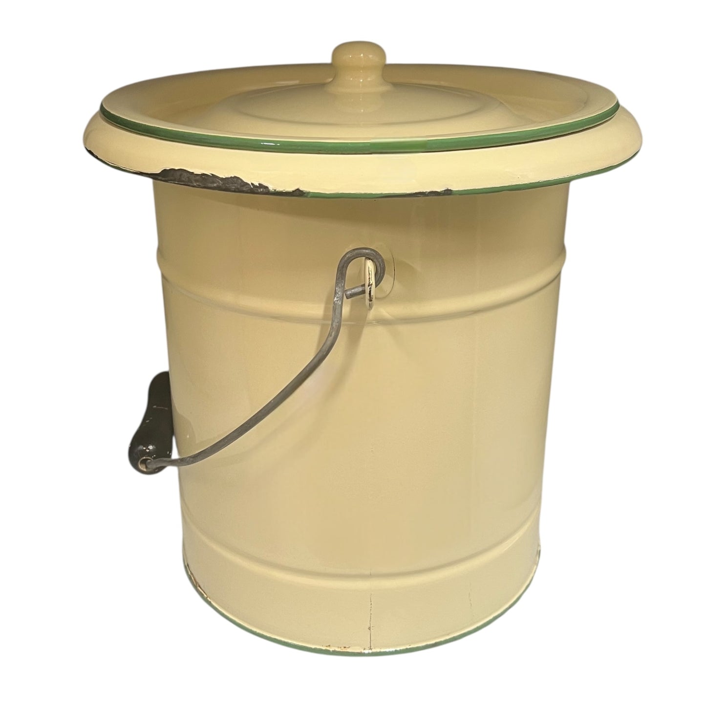 French vintage cream and green enamel bucket with a lid and handle on a white background