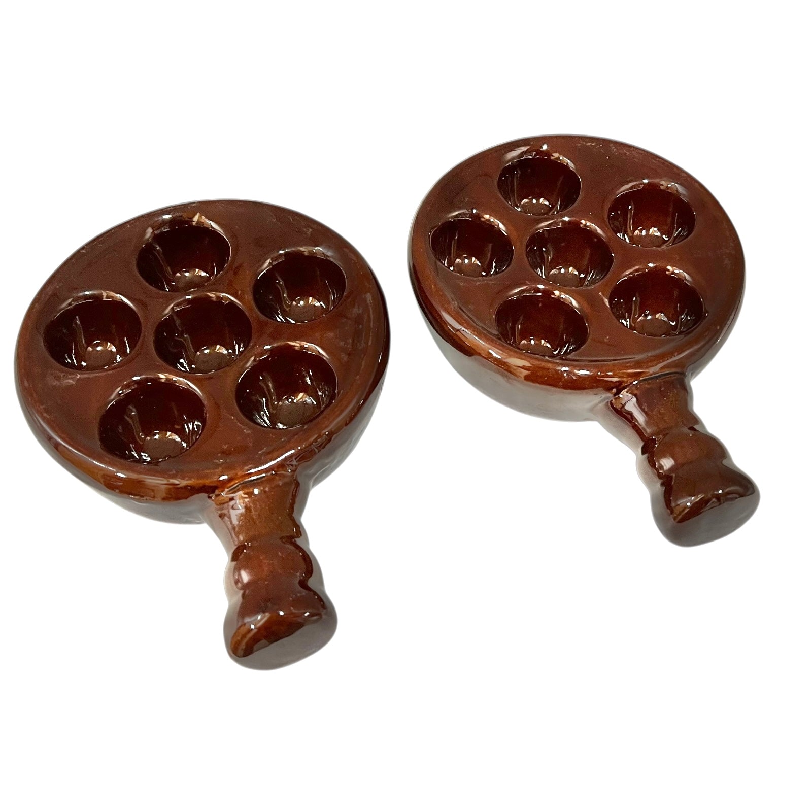 Pair of brown French Vintage Escargots Snail Plates, Stuffed Mushroom Dishes for sale