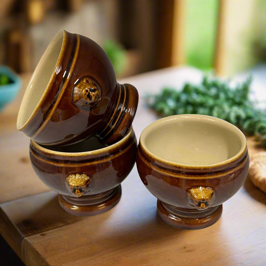 French Lions Head Handle Bowls, 3 Traditional Onion Soup Bowls for sale from All Things French Store