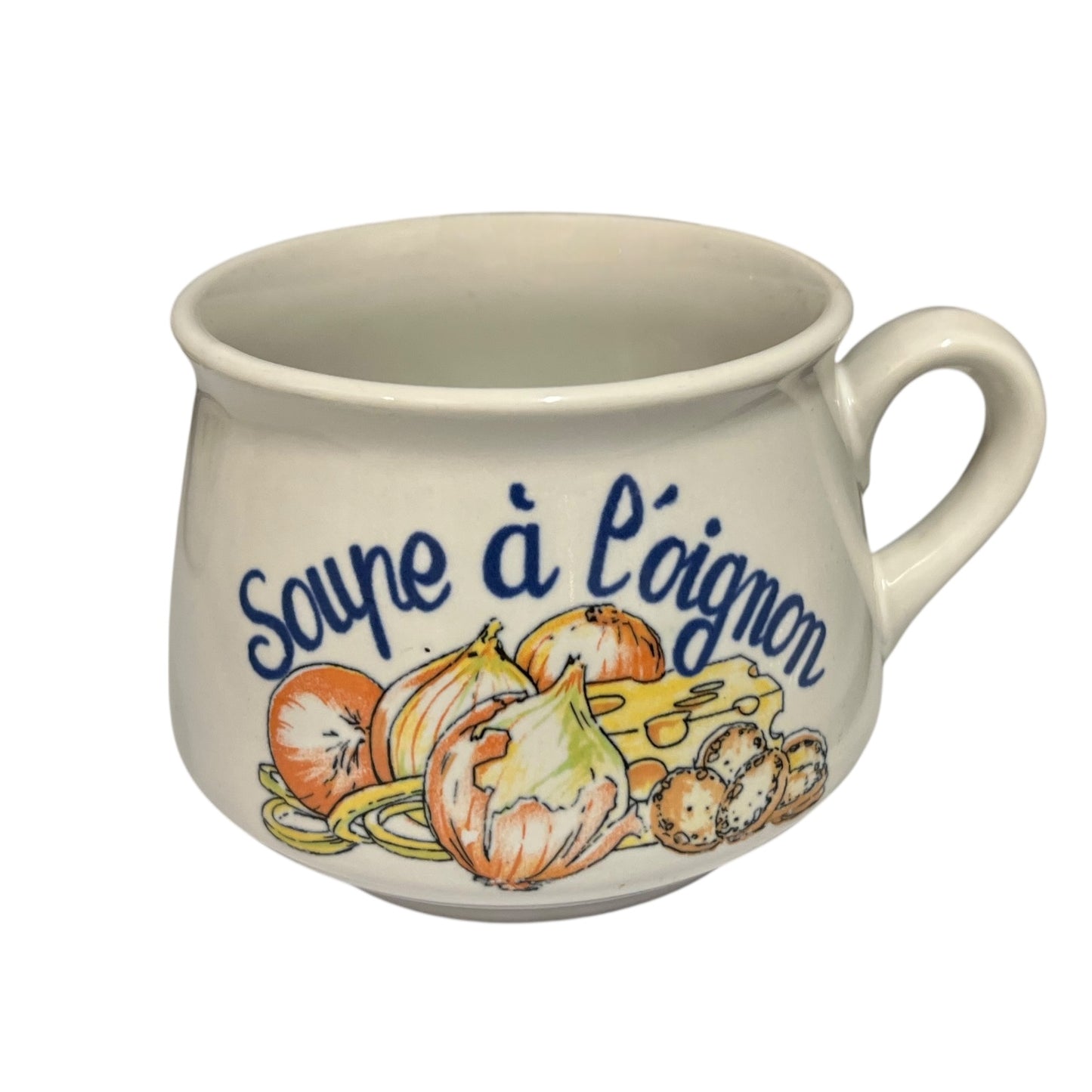 Ceramic mug with onion-themed design and text on a white background