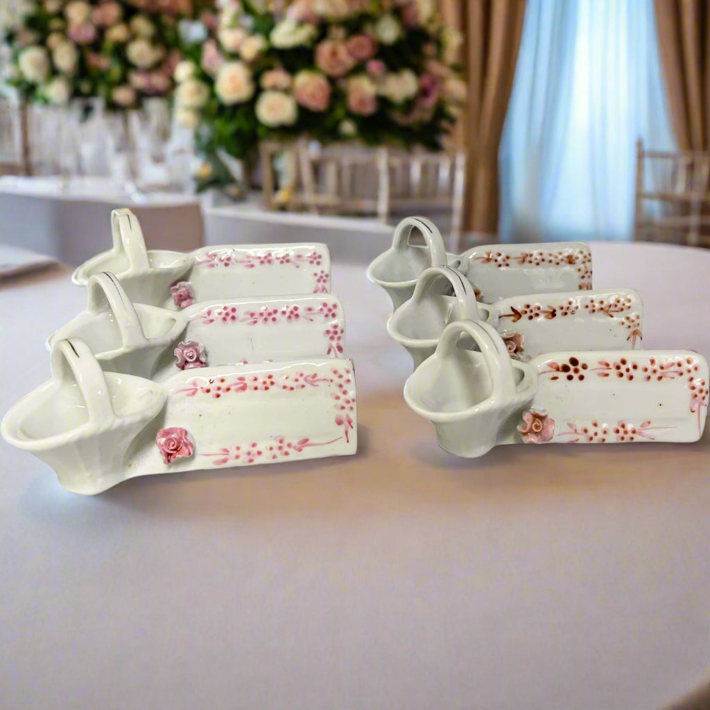 6 French Knife Rests, Chopstick Rests, Porcelain Wedding Place Settings, white with pink flower decoration