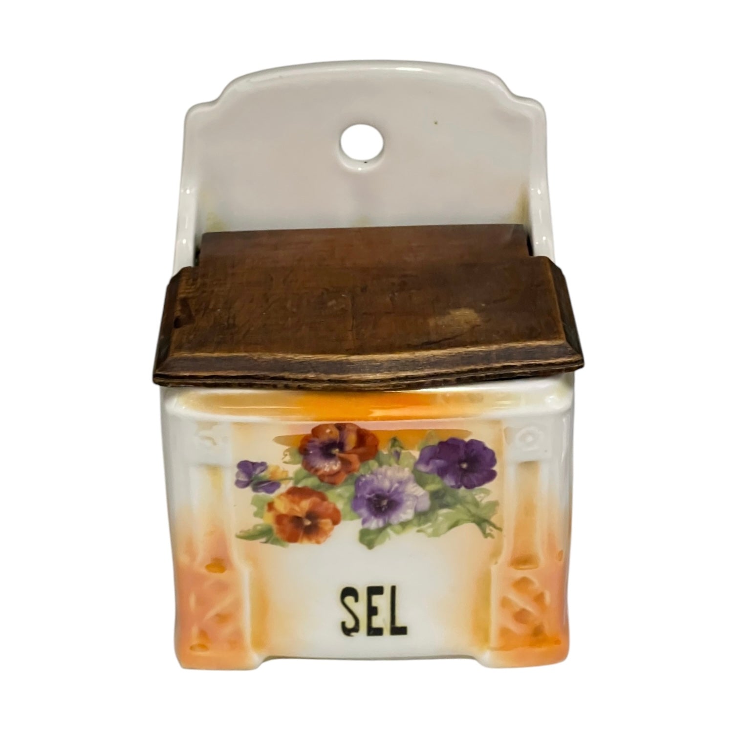 Vintage Salt Cellar, Traditional Ceramic Sel Pot, Salt Pig Wooden Lid