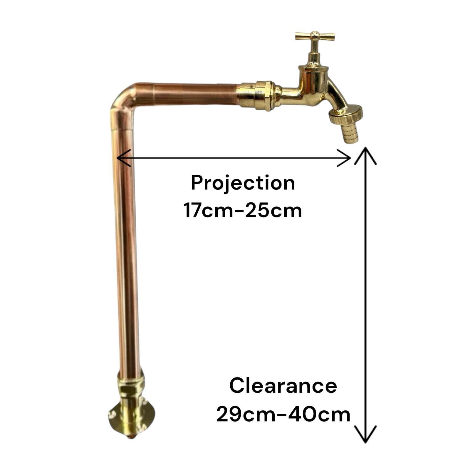 Copper and brass tap with measurement dimensions