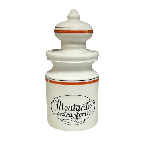 White ceramic mustard jar with 'Moutarde extra forte' text on a white background