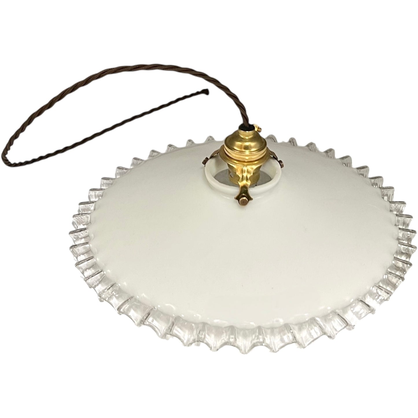 Vintage-style pendant light with white glass shade and brass fitting on a white background