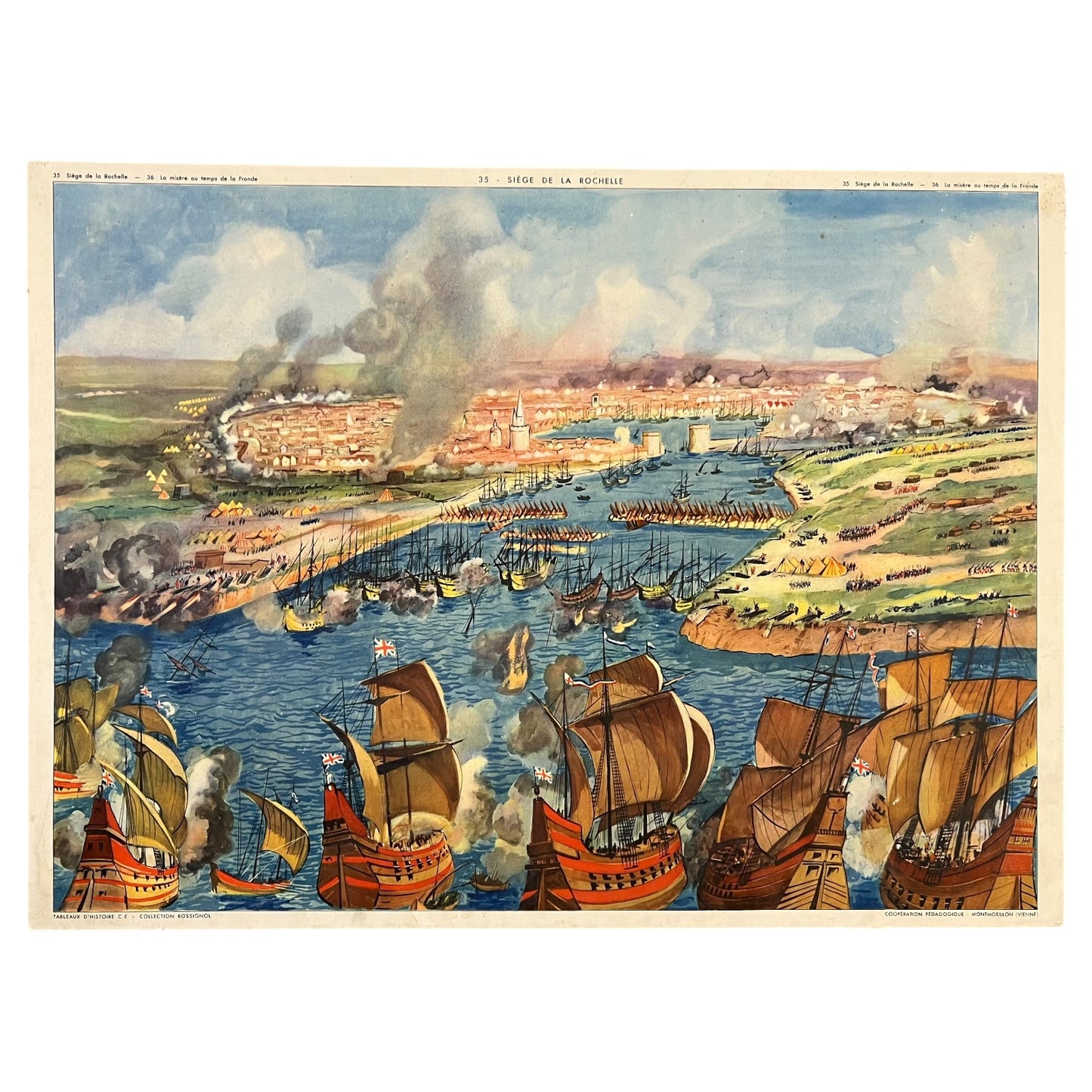 Vintage French Double Sided 1950s School Poster, Siege of La Rochelle for sale from All Things French Store
