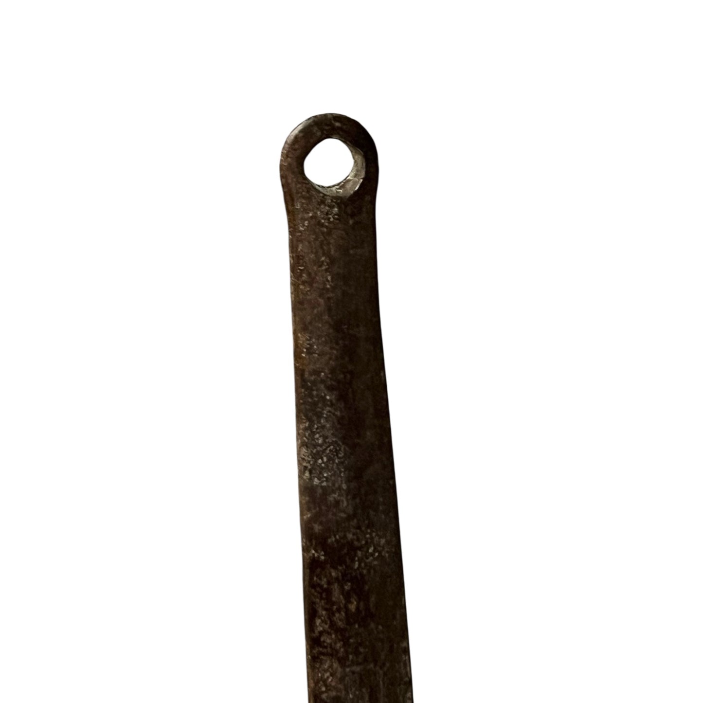 Close-up of a copper pan lid handle on a white background