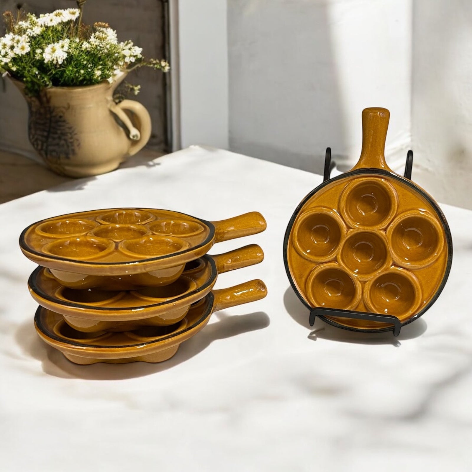 Set of 4 French Rustic Ceramic Escargot Dishes, Vintage Snail Pots Plates