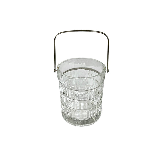 A clear glass bucket with a ribbed textured pattern and a silver metal handle, shown on a plain white background.