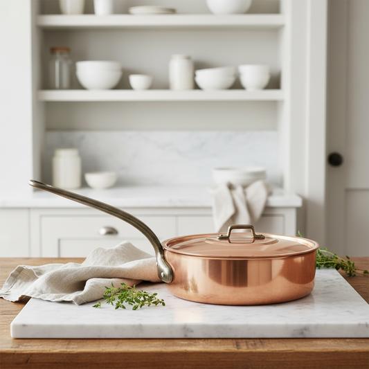 Copper pot with lid on a marble countertop in a kitchen setting