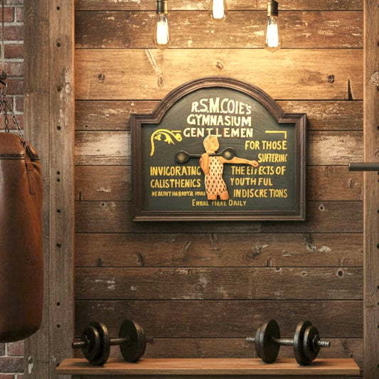 Vintage-style gym sign on a wooden wall with dumbbells and a punching bag.