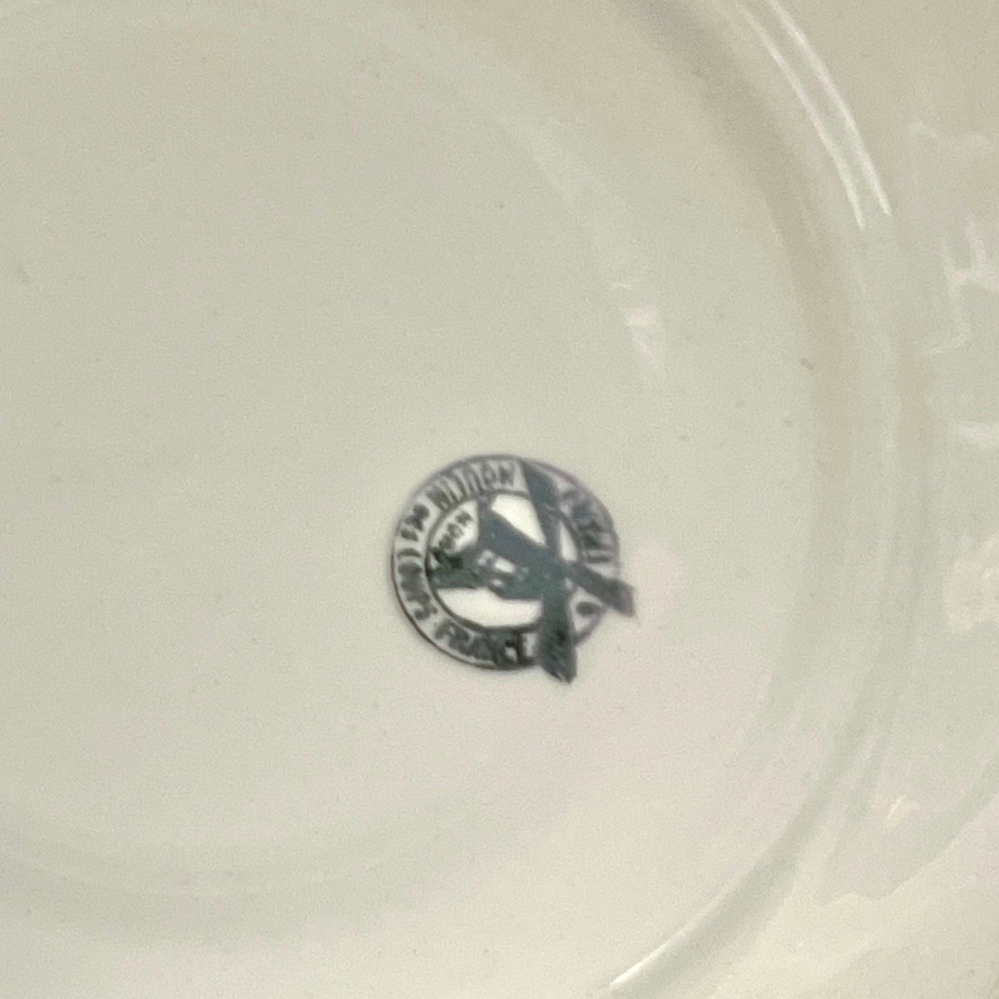 Close-up of a white ceramic plate with a logo in the center.