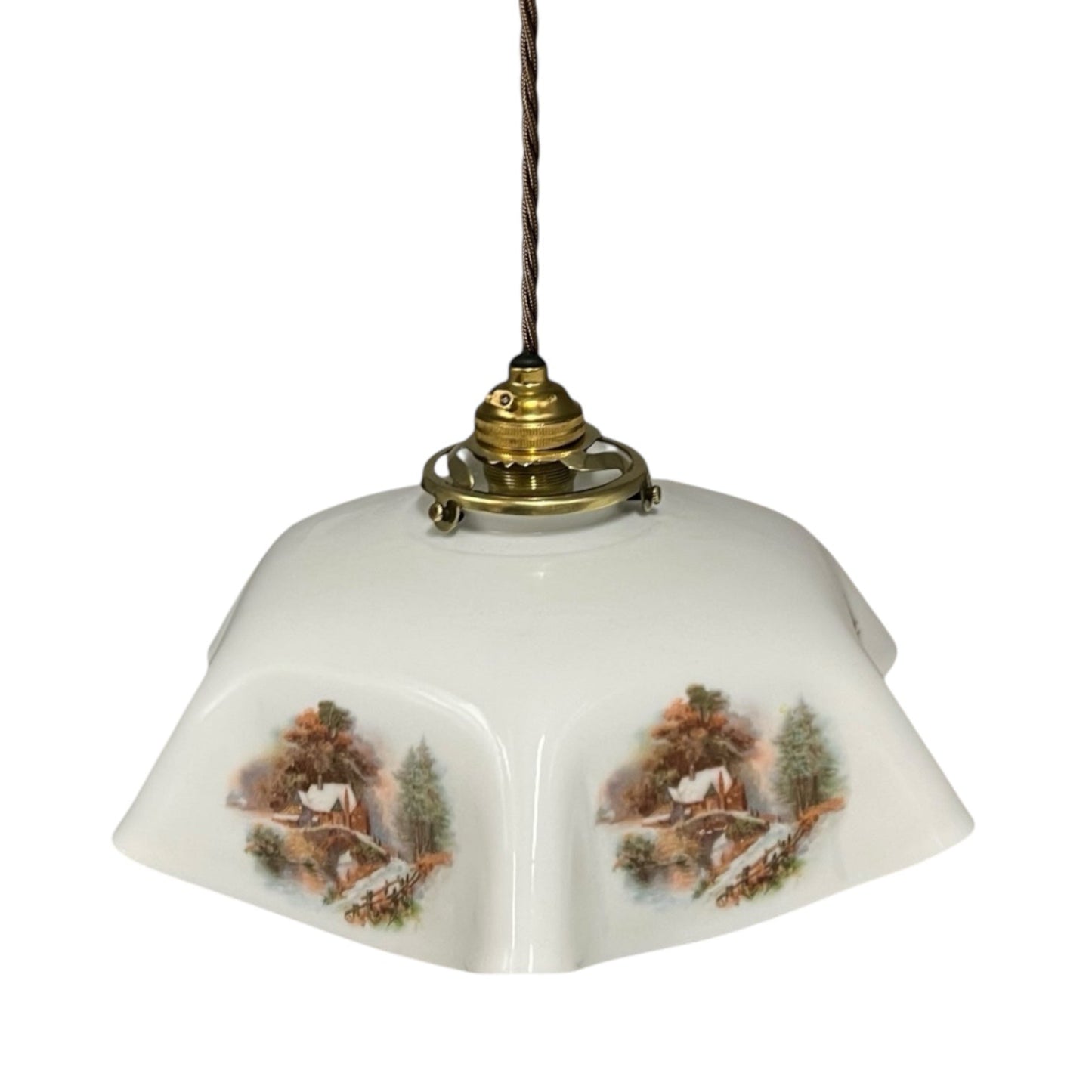 Vintage French Pendant Light, White Milk Glass with a rustic country pattern, brown twisted wiring and brass fittings on a white background for sale from All Things French Store