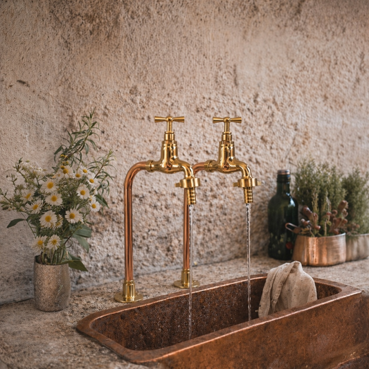 Copper sink with gold faucet against a textured wall with plants, ideal for a rustic kitchen or bathroom setting.