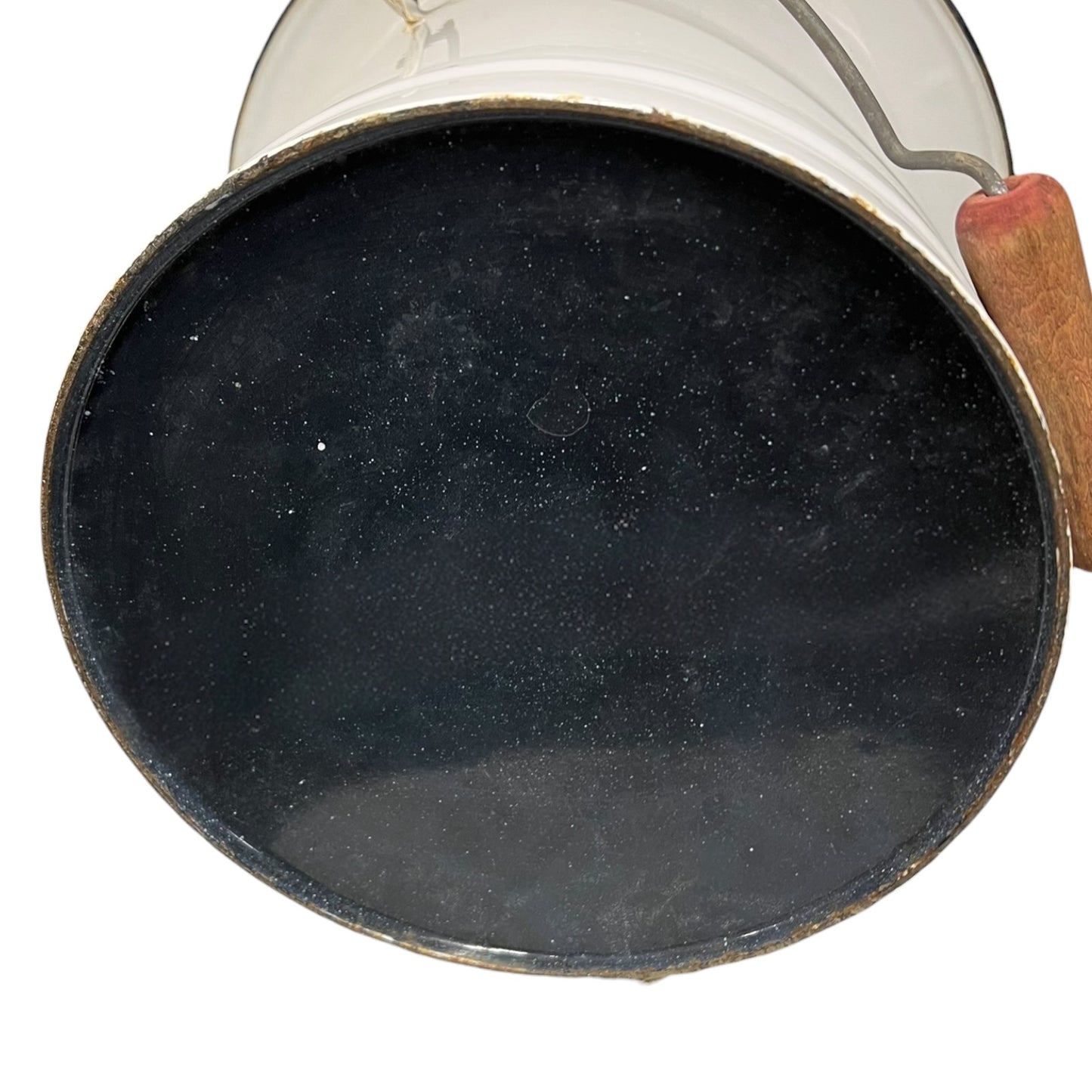 Close up of a vintage enamel lidded white bucket on a white background