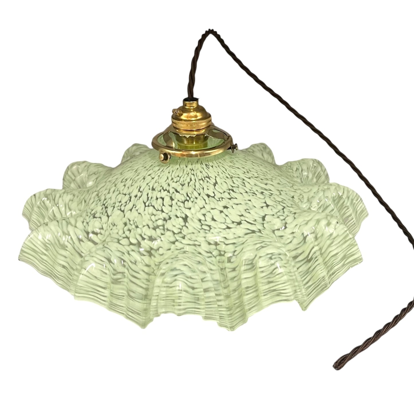 Vintage-style pendant light with textured green shade on a white background