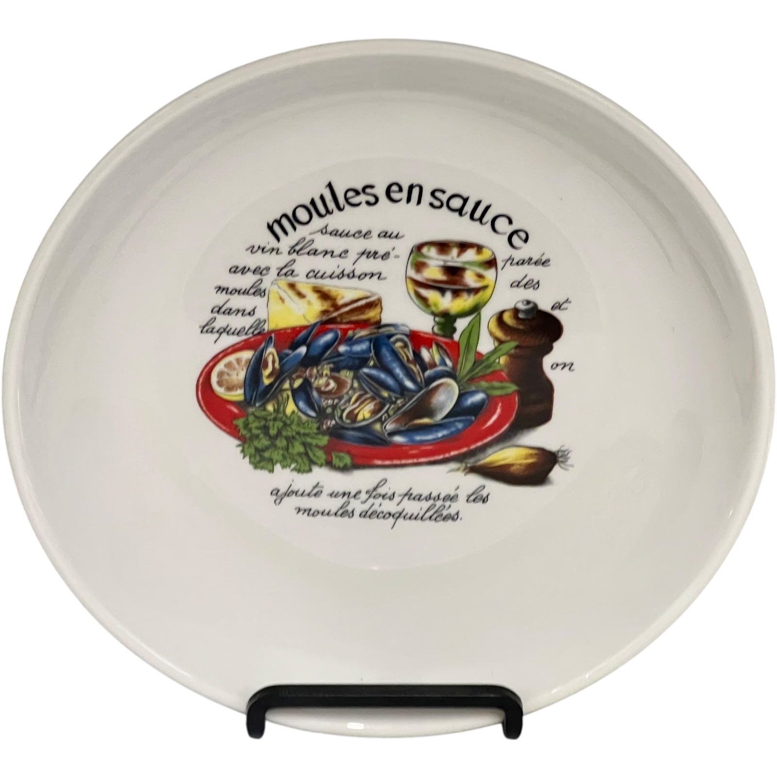 Ceramic plate with mussels in sauce design and text on a white background