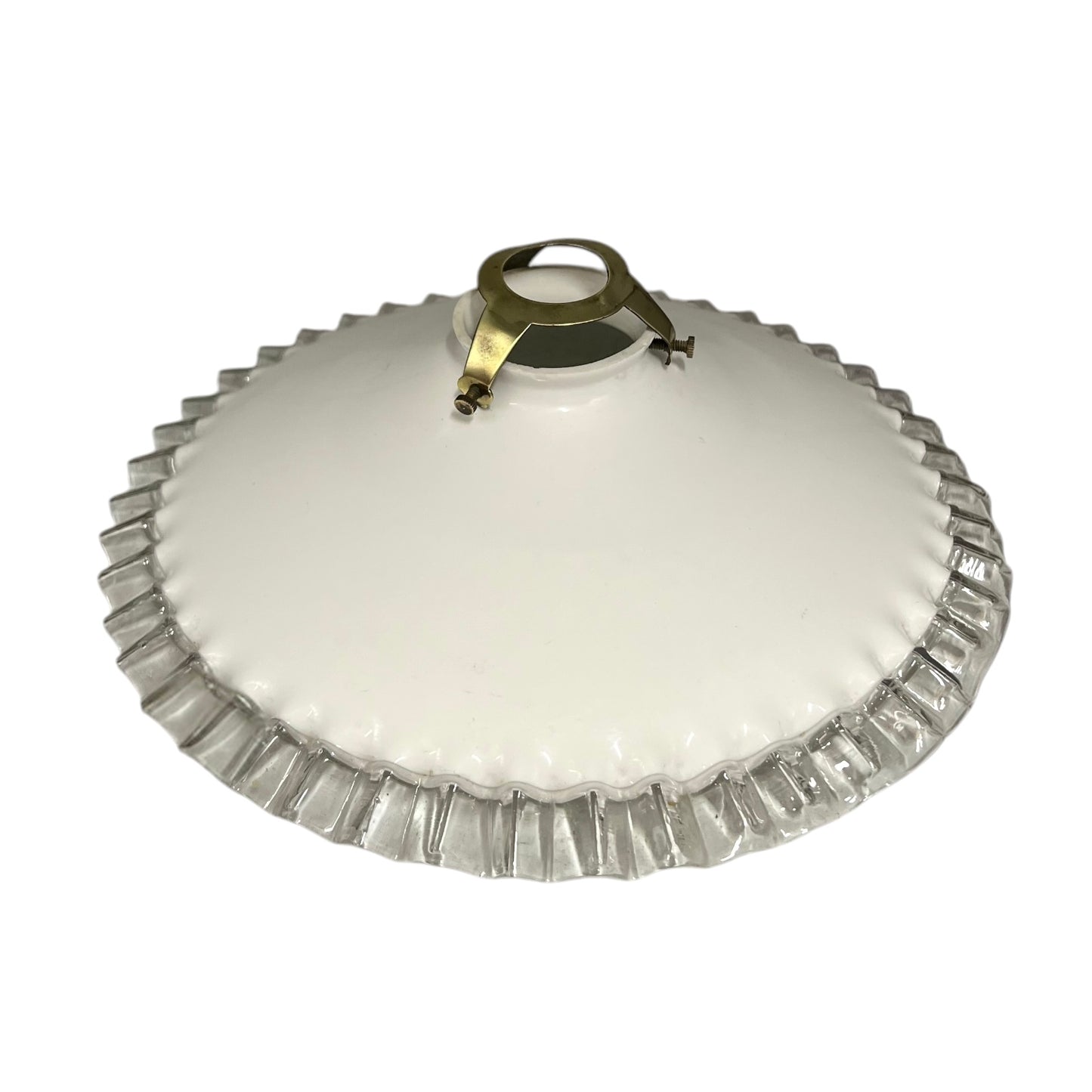 French vintage white glass lampshade with a clear trim and a vintage brass gallery