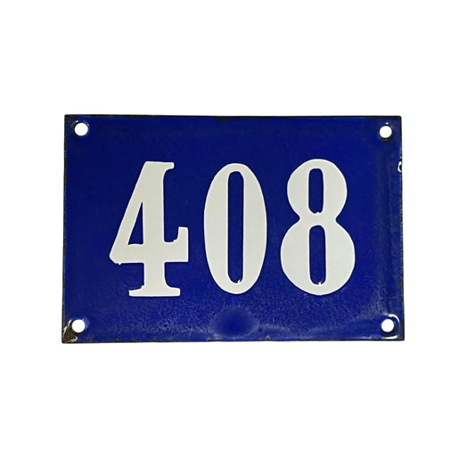 Blue rectangular plate with white numbers '408' on a white background