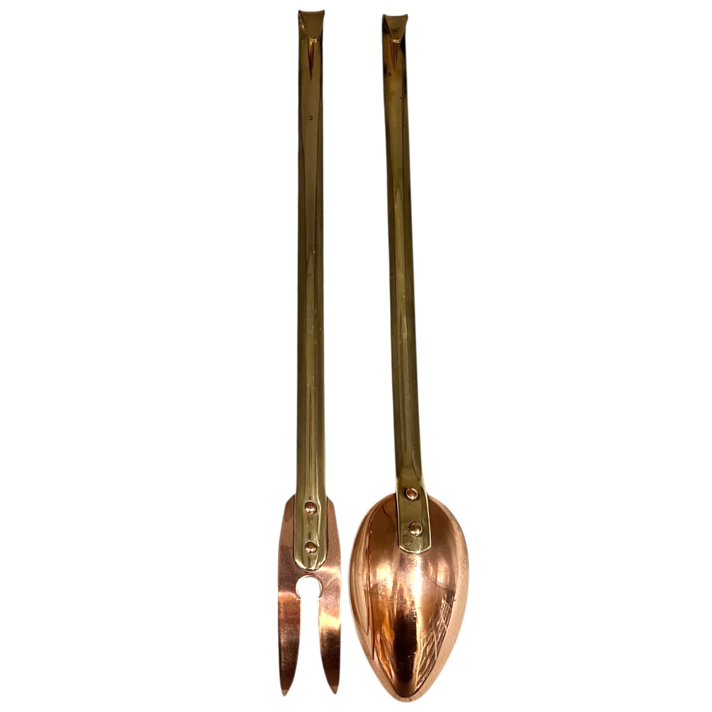 2 copper and brass French utensils with long handles, a fork and a spoon