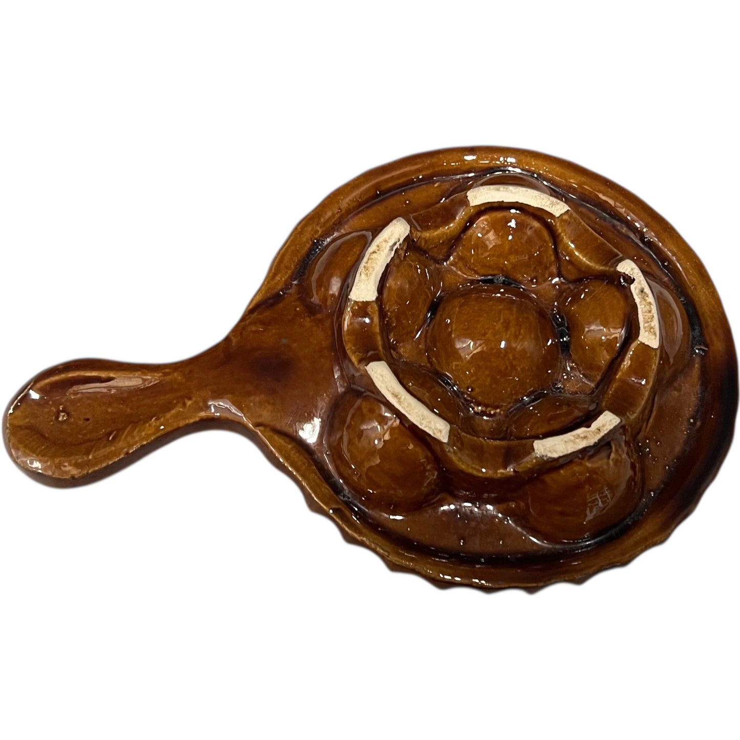 6 hole brown ceramic escargot plate reverse side