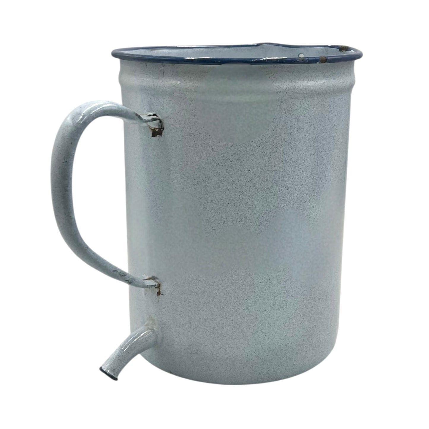 French vintage enamel irrigator jug, white and blue with a handle and a small spout on a white background