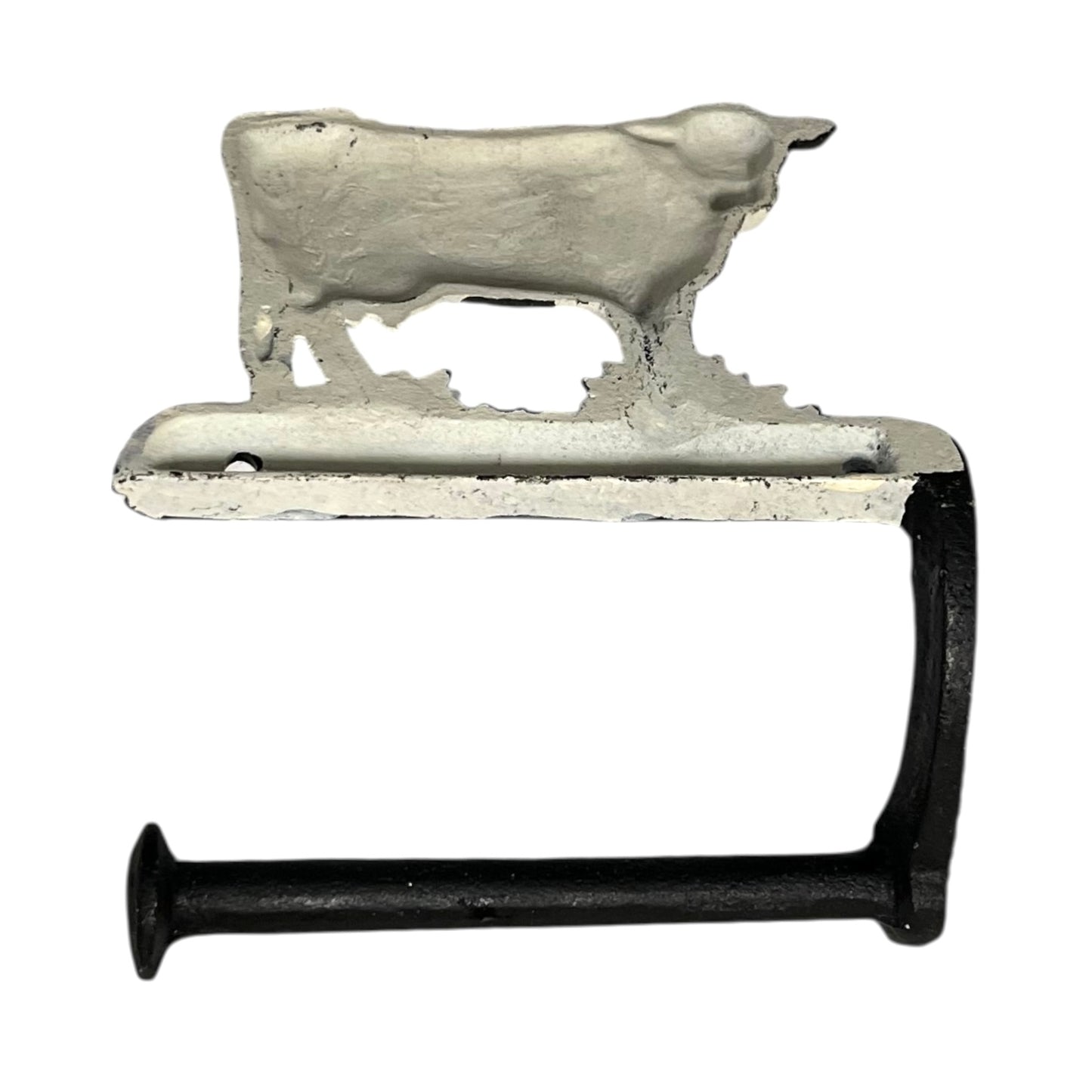 Back of cow toilet paper holder with black and white pattern on a white background
