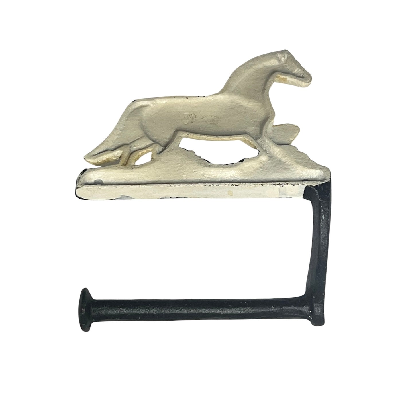 A vintage-style metal wall hook shaped like a running horse standing on a horizontal bar, with a black nail-like vertical support, shown on a plain white background.