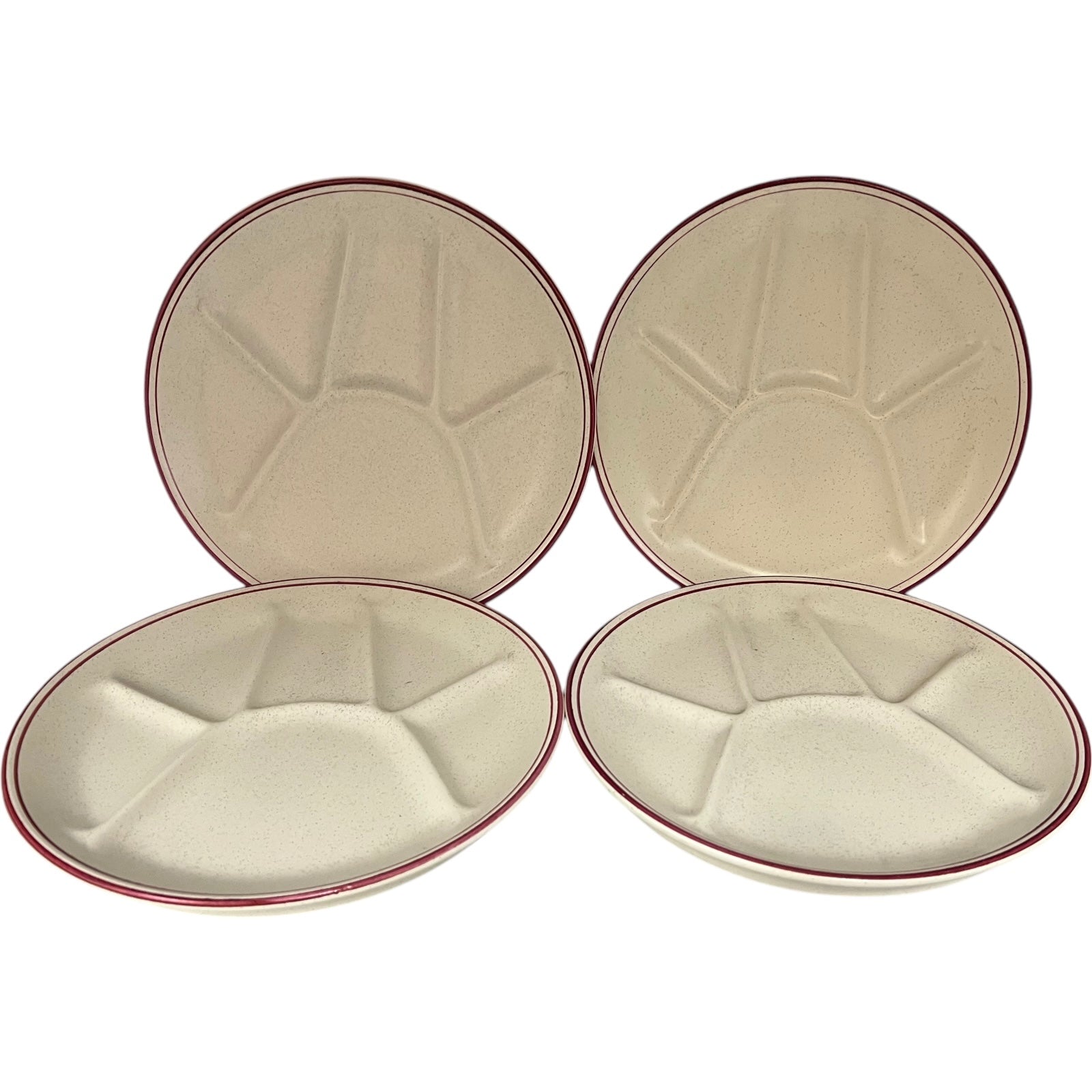 4 French Vintage Fondue Plates, Faience Pottery Buffet or Portion Plates, beige with a pink trim