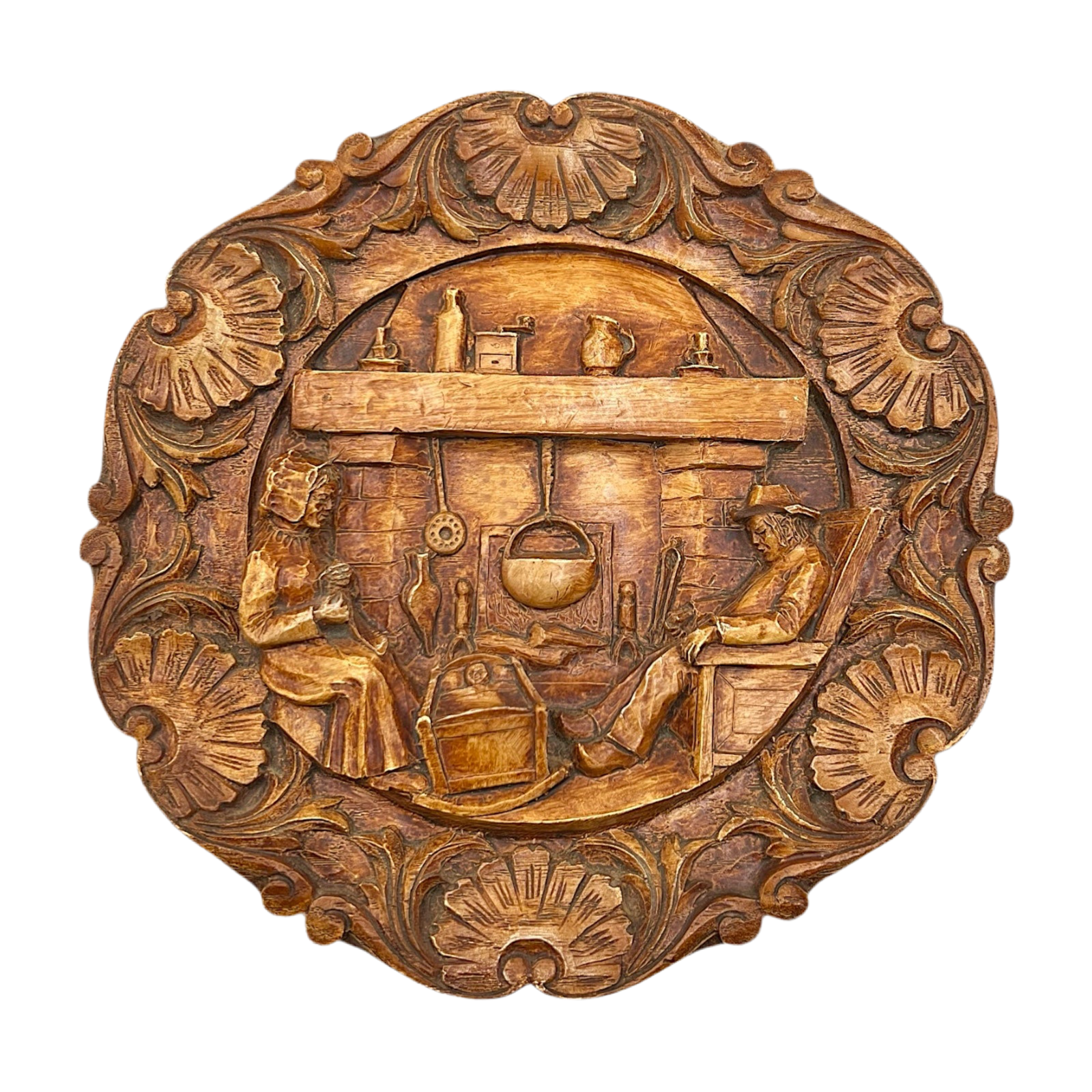 Wooden wall plaque with intricate carvings of people and tools on a white background