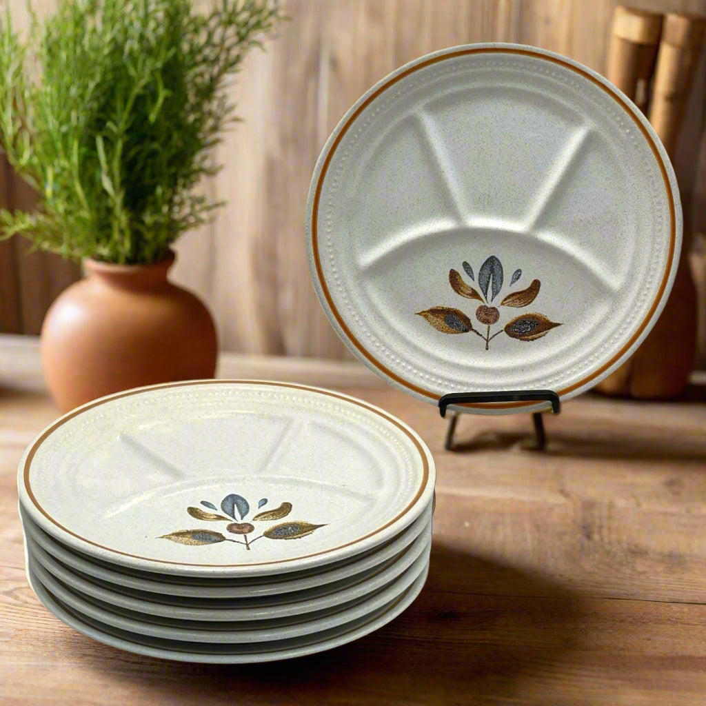 Set of 6 French retro style divided fondue plates each with a floral decoration. Made by St Armand and displayed on a wooden table in a kitchen background